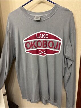 Comfort Colors Gray Long Sleeve Tee with Red "Lake Okoboji" Logo